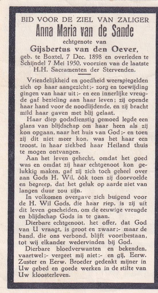 Sande Anna 1898 Boxtel 1950 Schijndel, Ophalen of Verzenden, Bidprentje