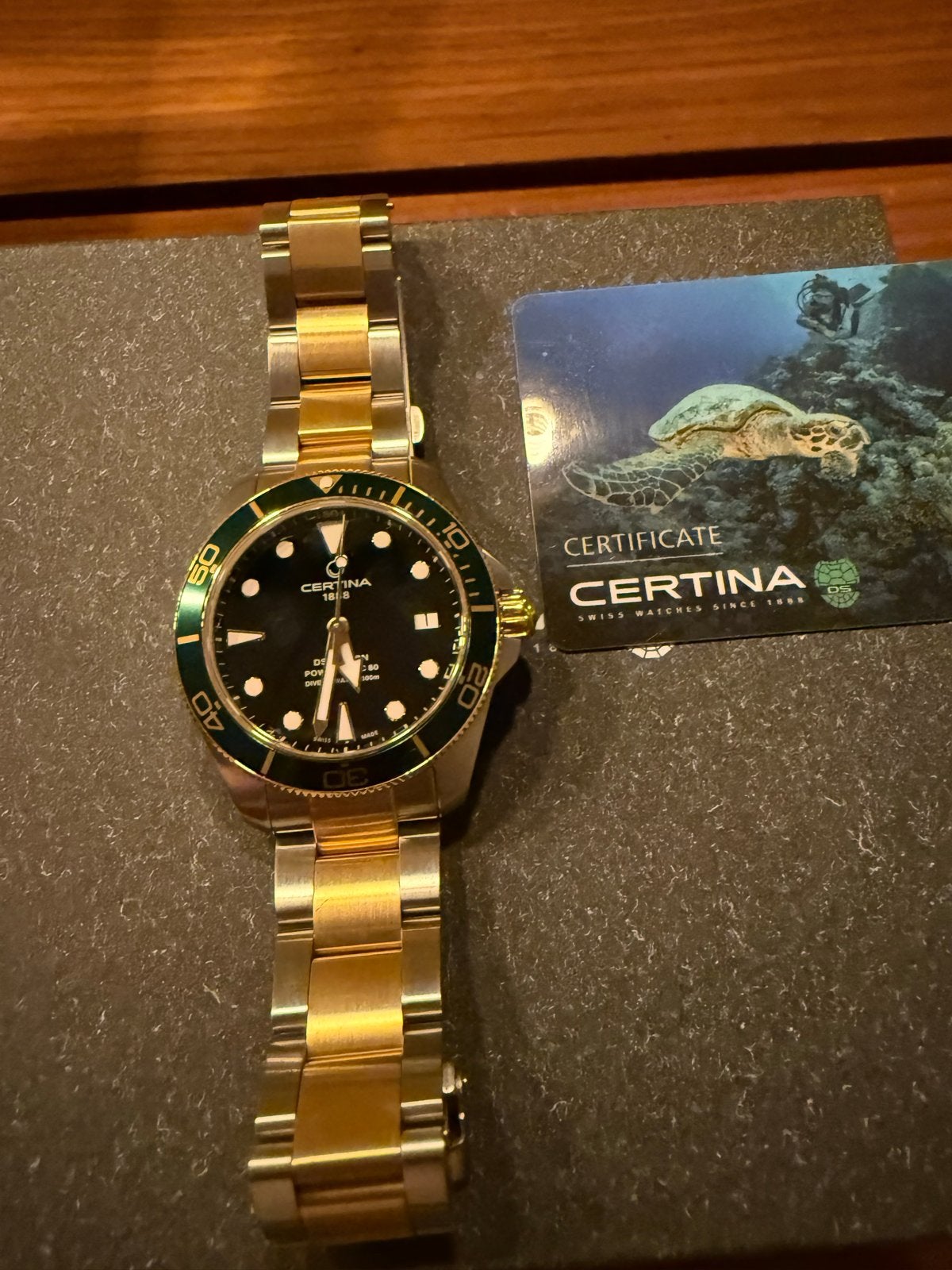 Certina DS Action Diver 38mm powermatic groen goud, Sieraden, Tassen en Uiterlijk, Horloges | Heren, Staal, Polshorloge, Zo goed als nieuw