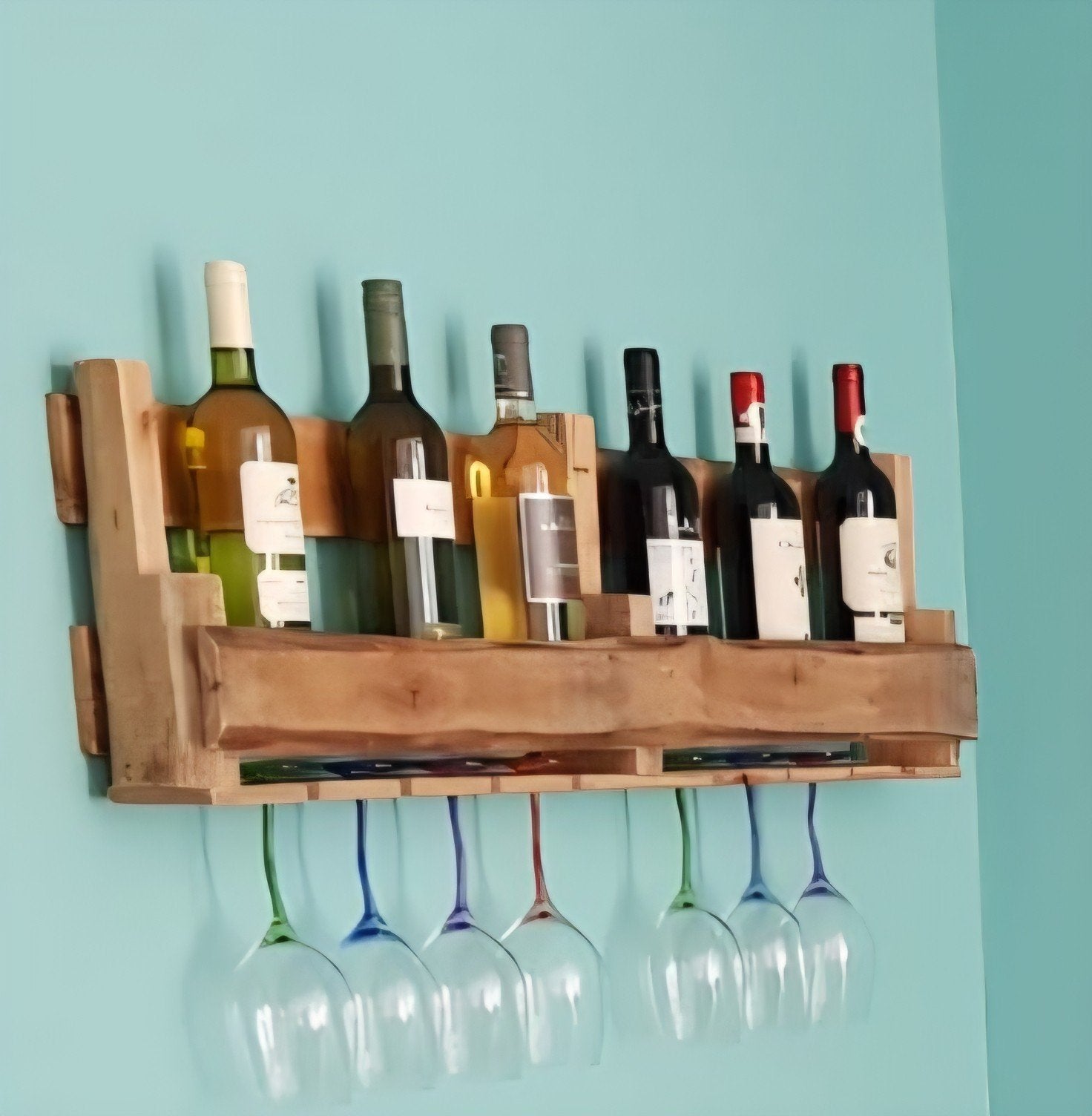 Prachtig handgemaakt houten wijnrek met glazenhouder (109 cm, Ophalen, 5 tot 15 flessen, Zo goed als nieuw, 75 cm of meer