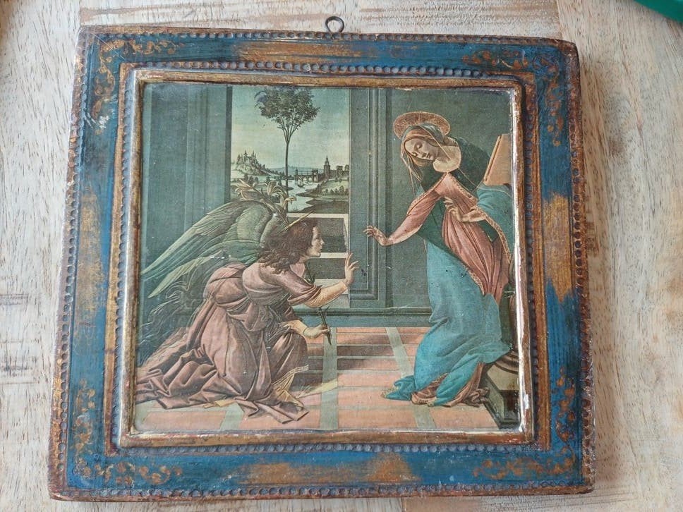 Paneelschildering in stijl van Botticelli - Annunciatie, Paneel, Ophalen of Verzenden, Handgeschilderd, Olieverf