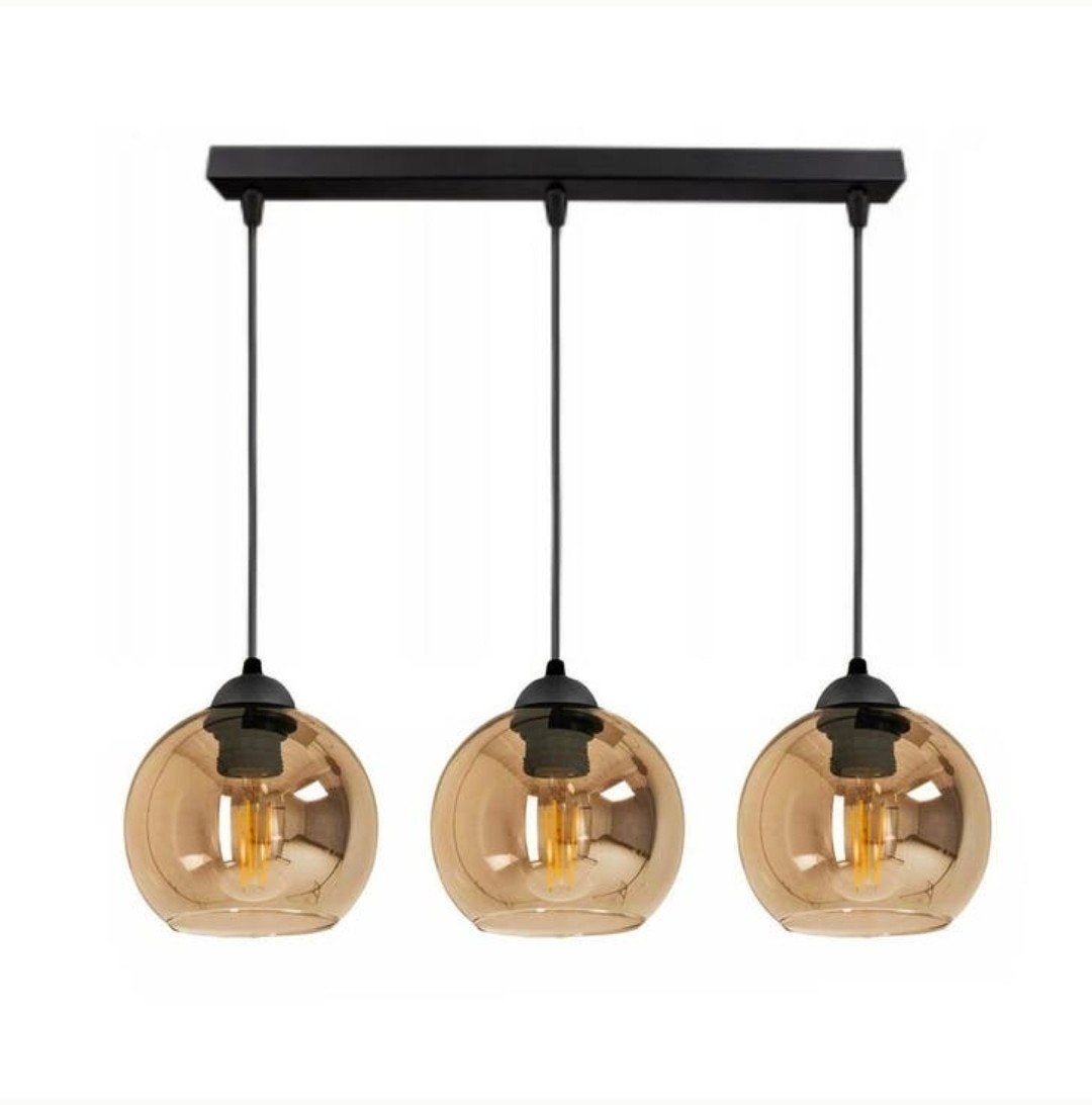 Moderne hanglamp met 3 amberkleurige glazen bollen, Modern, Industrieel, Nieuw, Glas, E27 (groot)