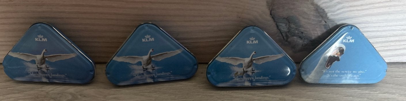 4 x KLM "Happy Landings" pepermuntblikjes (2002) - Fortuin, Verzamelen, Merken en Reclamevoorwerpen, Ophalen of Verzenden, Gebruikt