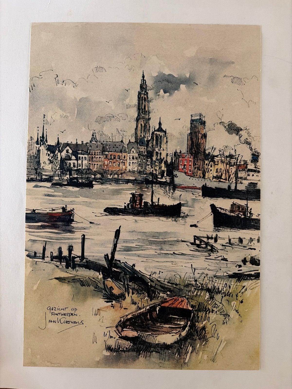 Gezicht op Antwerpen - Jan Korthals (Aquarel/Tekening), Ophalen, Tekening, Aquarel, Gesigneerd