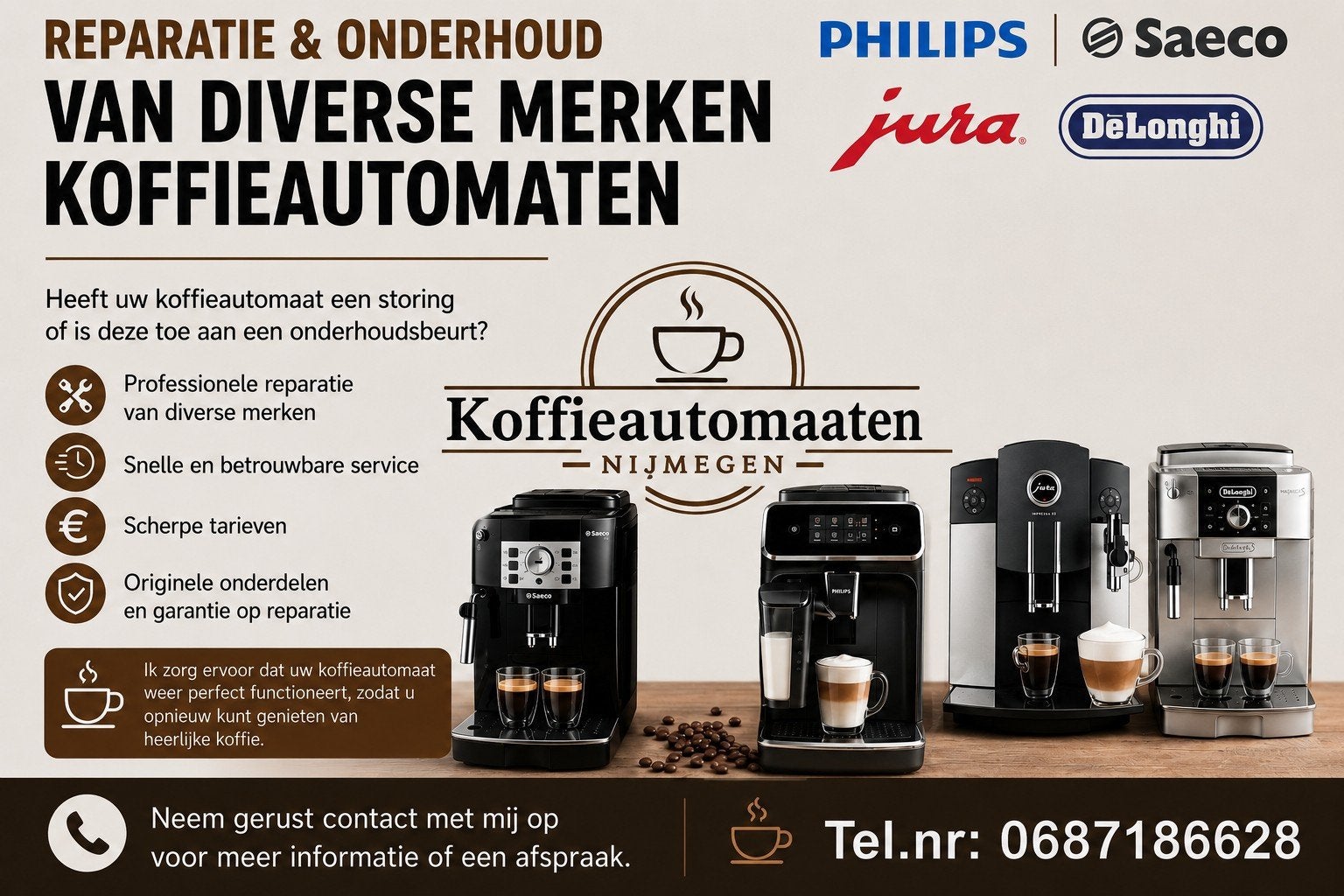 Koffieautomaten-reparatie-onderhoud -verkoop diverse merken, Ophalen