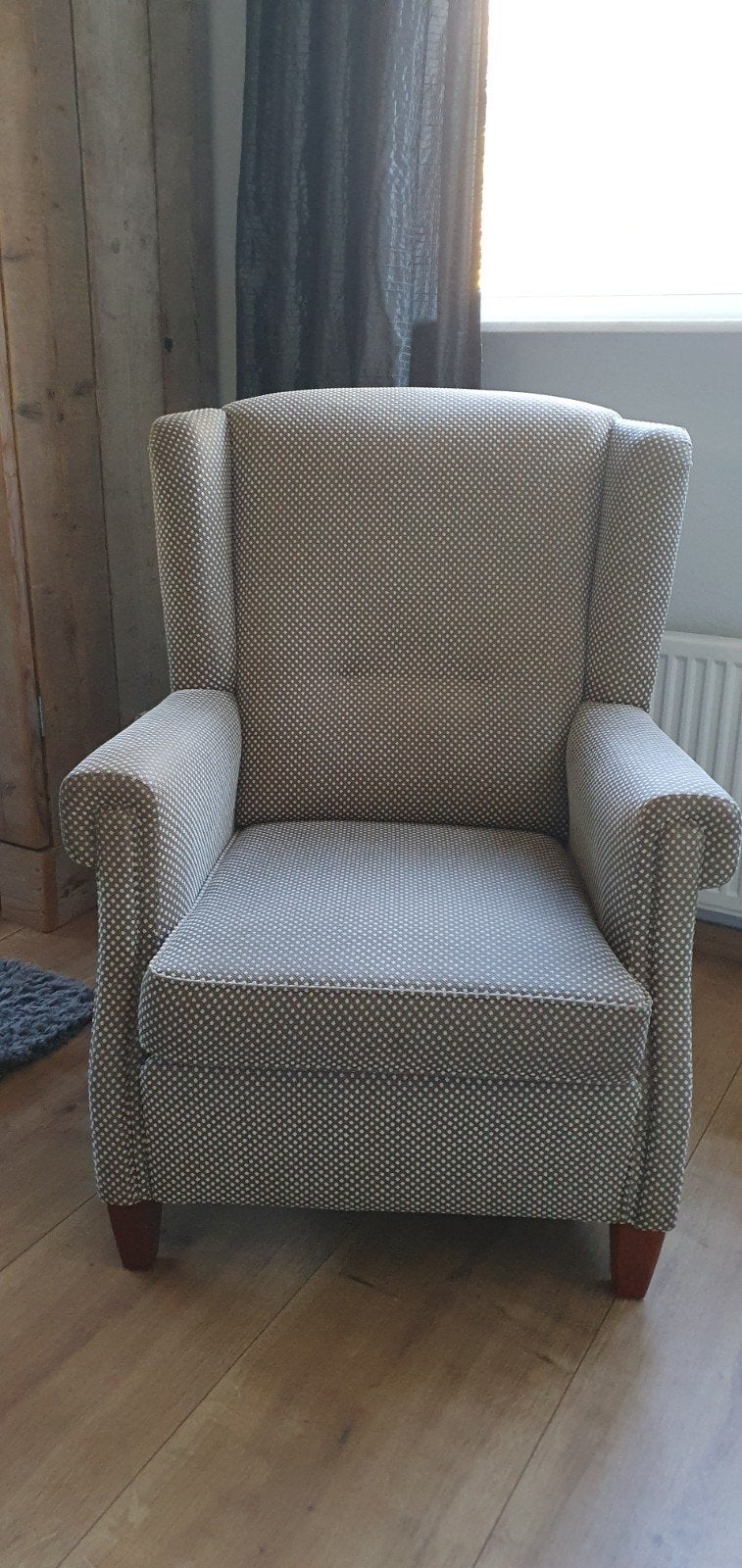 Stoel fauteuil groen beige stof houten pootjes, Huis en Inrichting, Ophalen, 75 tot 100 cm, Stof, 75 tot 100 cm