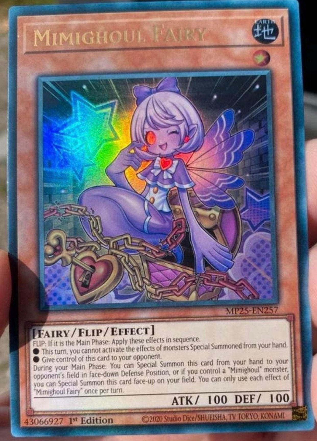 Yu-Gi-Oh! Mimighoul Fairy MP25 1st Edition !, Ophalen of Verzenden, Zo goed als nieuw, Losse kaart, Foil