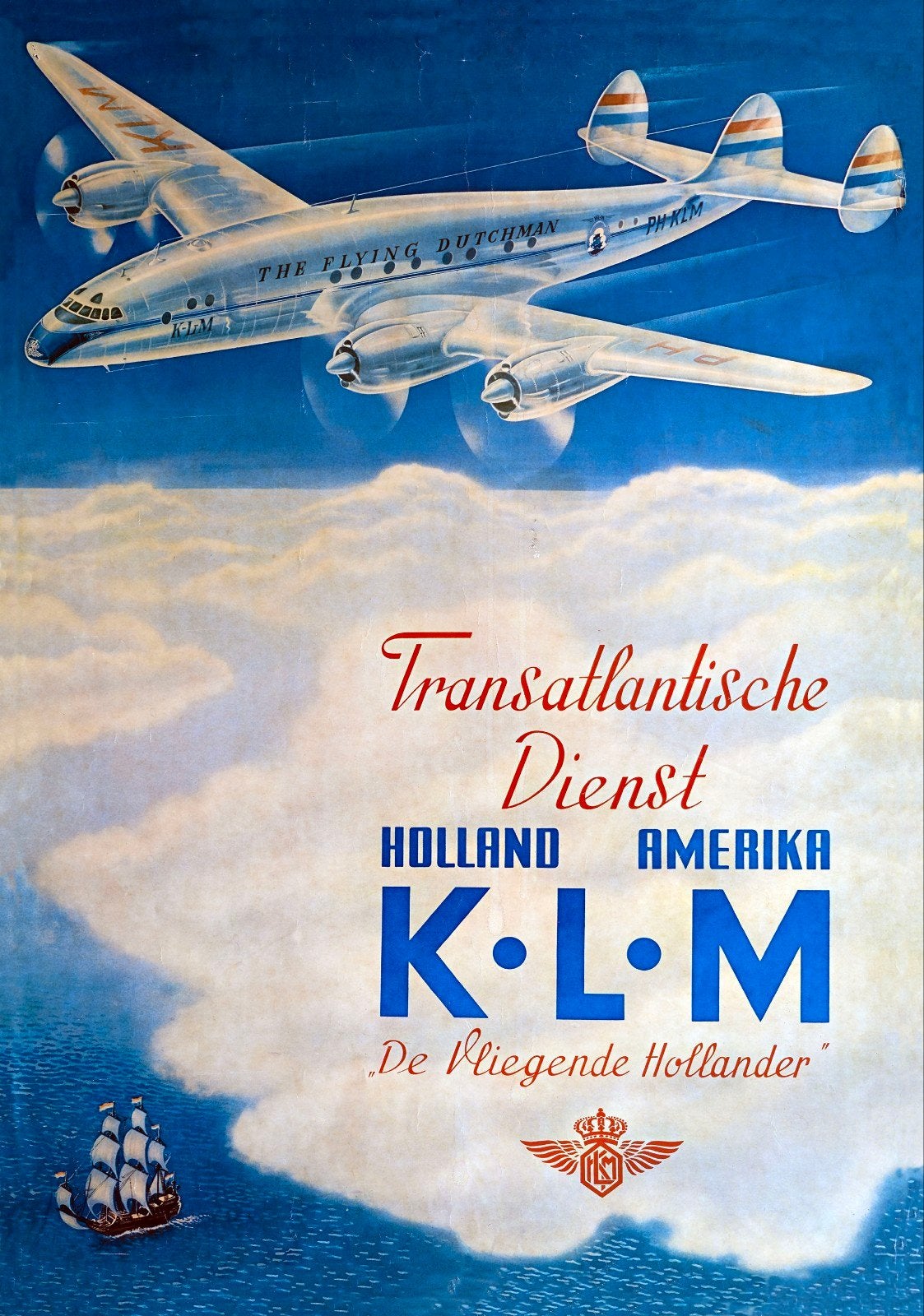 Vintage KLM 'De Vliegende Hollander' Reclame Poster, Ophalen of Verzenden, Gebruikt, A1 t/m A3