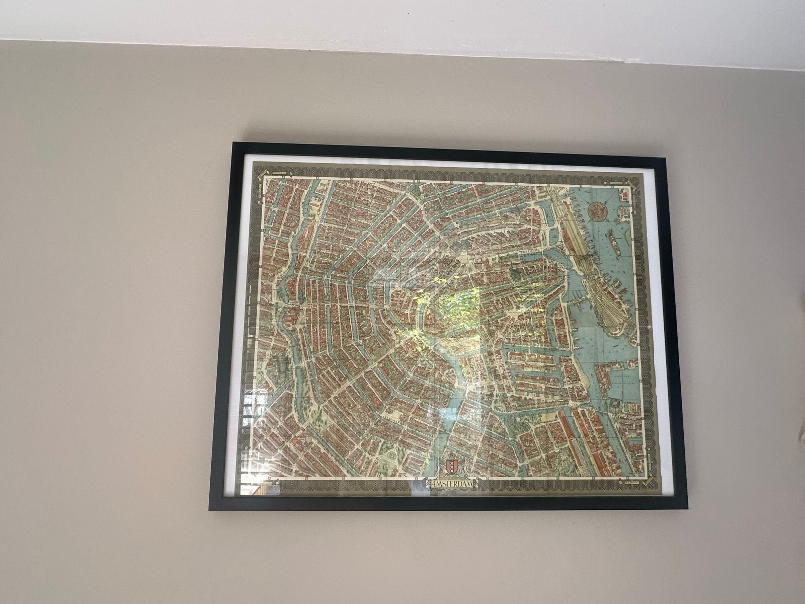 Schilderij met oude plattegrond van Amsterdam, Print, Vintage, Ophalen, Achter glas