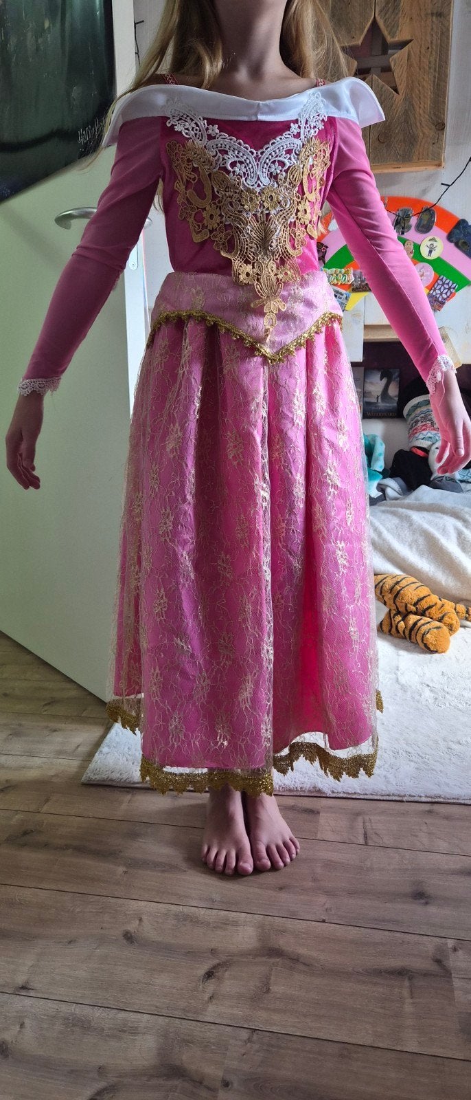 Prinsessenjurk Roze met Goud Kant - Maat 140, Kinderen en Baby's, Carnavalskleding en Verkleedspullen, Ophalen of Verzenden, Zo goed als nieuw