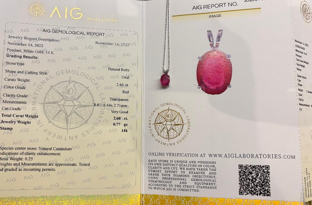 Robijn AIG certificaat 14k gouden ketting en hanger dames, Voordeelsieraden, Verzenden, Zo goed als nieuw, Met edelsteen