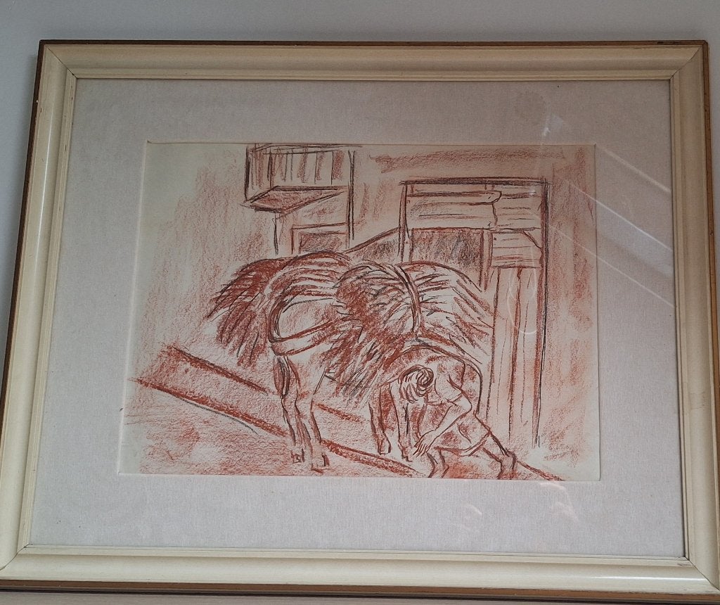 Vintage tekening van een man met paard en hooi, Antiek en Kunst, Kunst | Schilderijen | Klassiek, Ophalen, Realistisch, Tekening