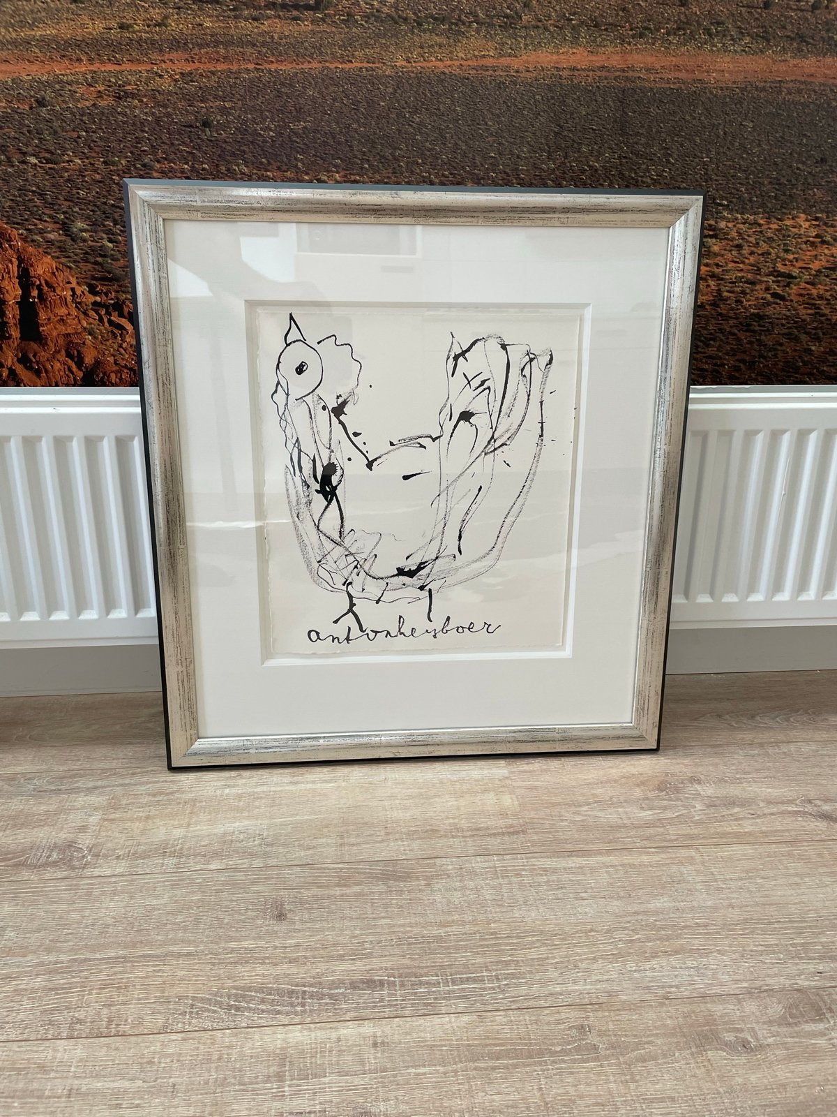 Ingelijste tekening van Anton Heyboer - abstracte kip, Antiek en Kunst, Ophalen, Tekening, Gemengde techniek, Achter glas