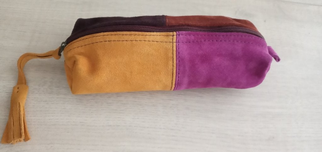 Suede leer make up etui tasje patchwork vintage multi color, Ophalen of Verzenden, Nieuw, Meerkleurig, Heer of Dame