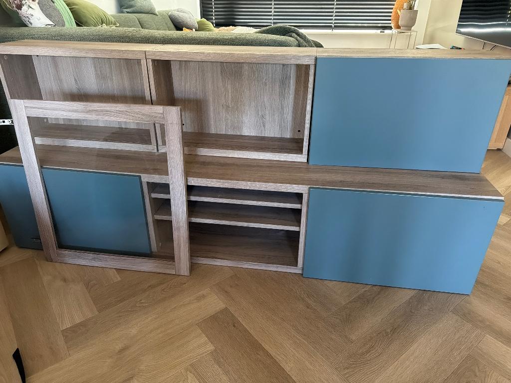 IKEA BESTÅ tv meubel groen bruin/eiken, Ophalen, Gebruikt, Glas, 150 tot 200 cm