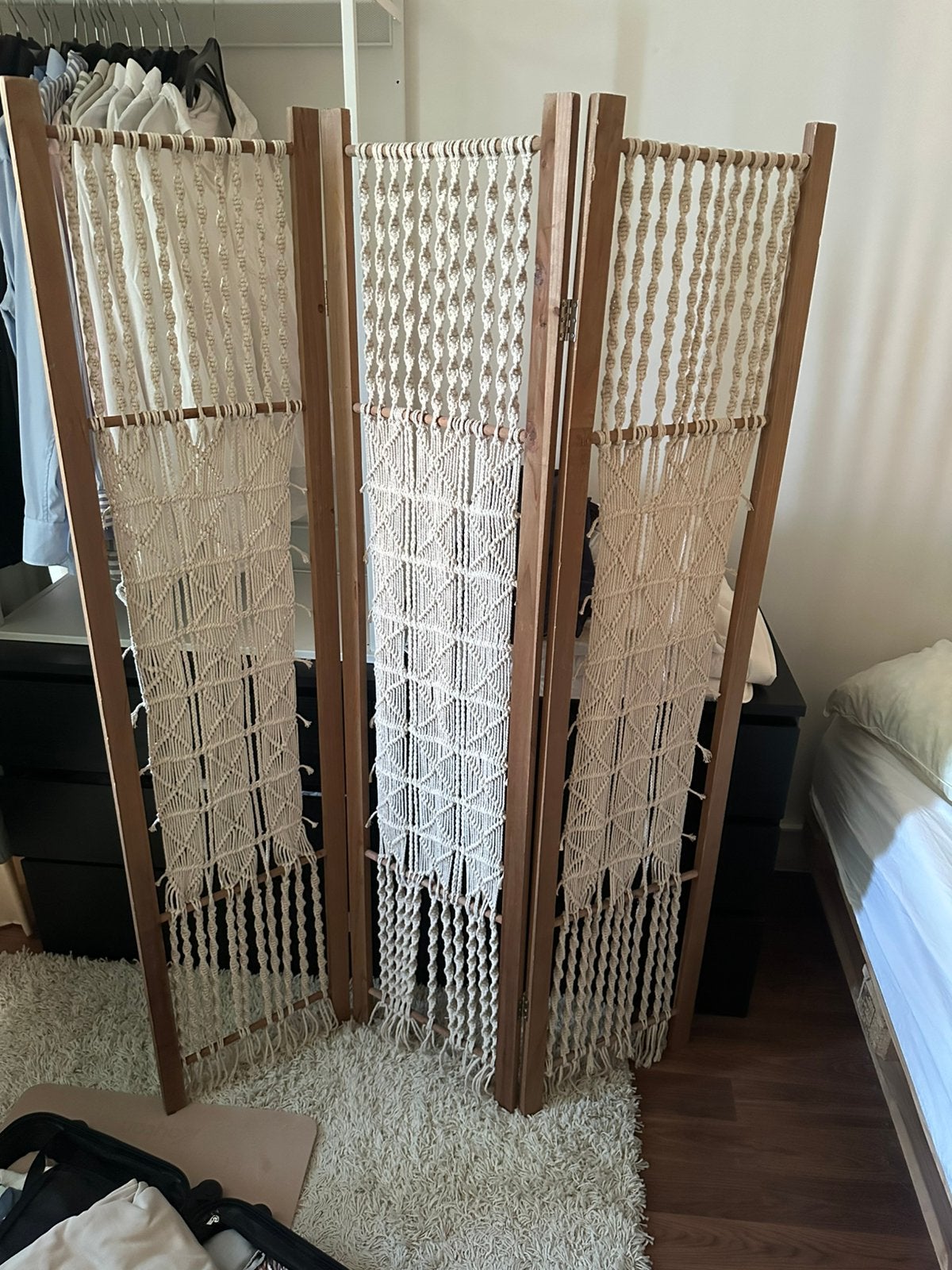 Houten kamerscherm met macramé – 3-delig boho roomdivider, Huis en Inrichting, Woonaccessoires | Kamerschermen, Ophalen, Zo goed als nieuw