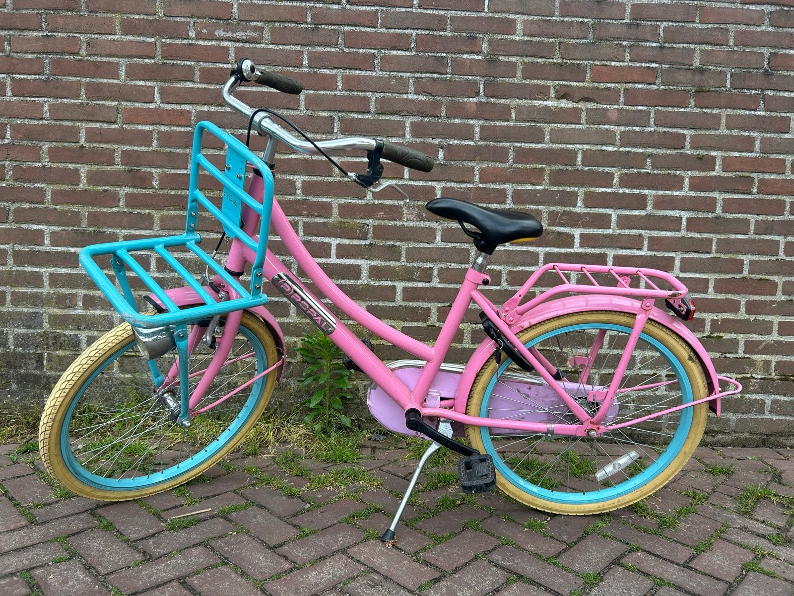 Roze popal kinderfiets met blauwe accenten, Ophalen, Gebruikt, Terugtraprem, 20 inch of meer