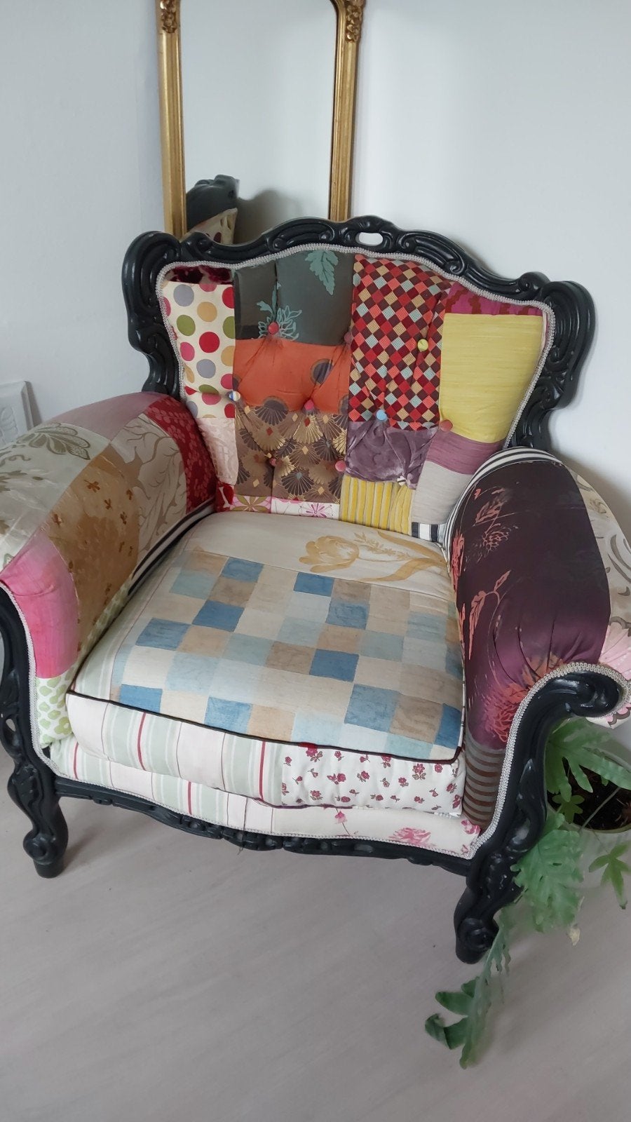 Unieke Patchwork Fauteuil - Gekocht in Engeland, Huis en Inrichting, Ophalen, Hout, Gebruikt, Overige kleuren