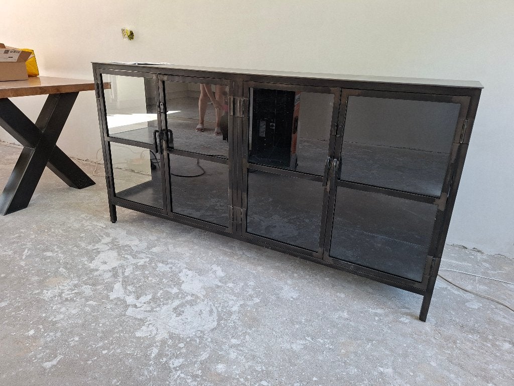 Industrieel dressoir, glas en staal, Ophalen, 150 tot 200 cm, Glas, Industrieel