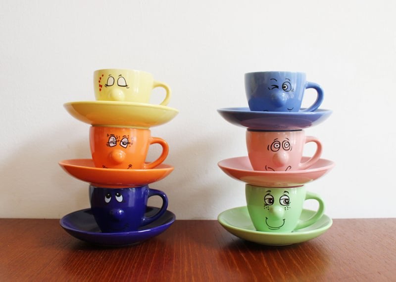 Retro espressokopjes Funny Faces, Keramiek, Vintage, Nieuw, Ophalen of Verzenden