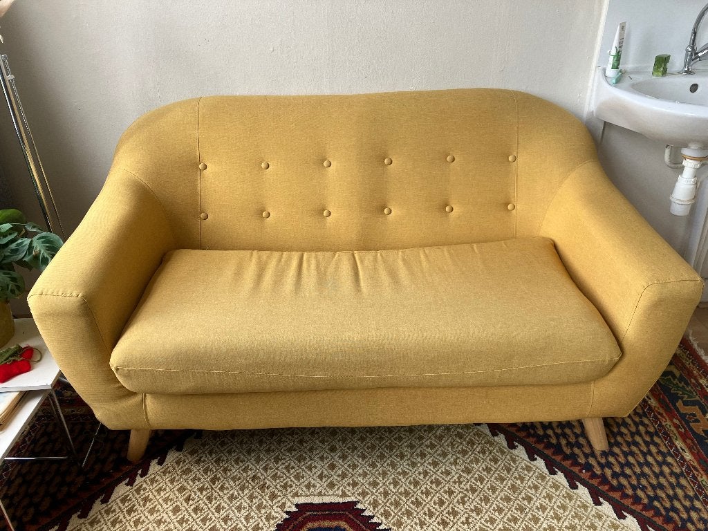 Gele tweepersoonsbank - Zo goed als nieuw, Ophalen, Modern, Retro, 150 tot 200 cm, Tweepersoons