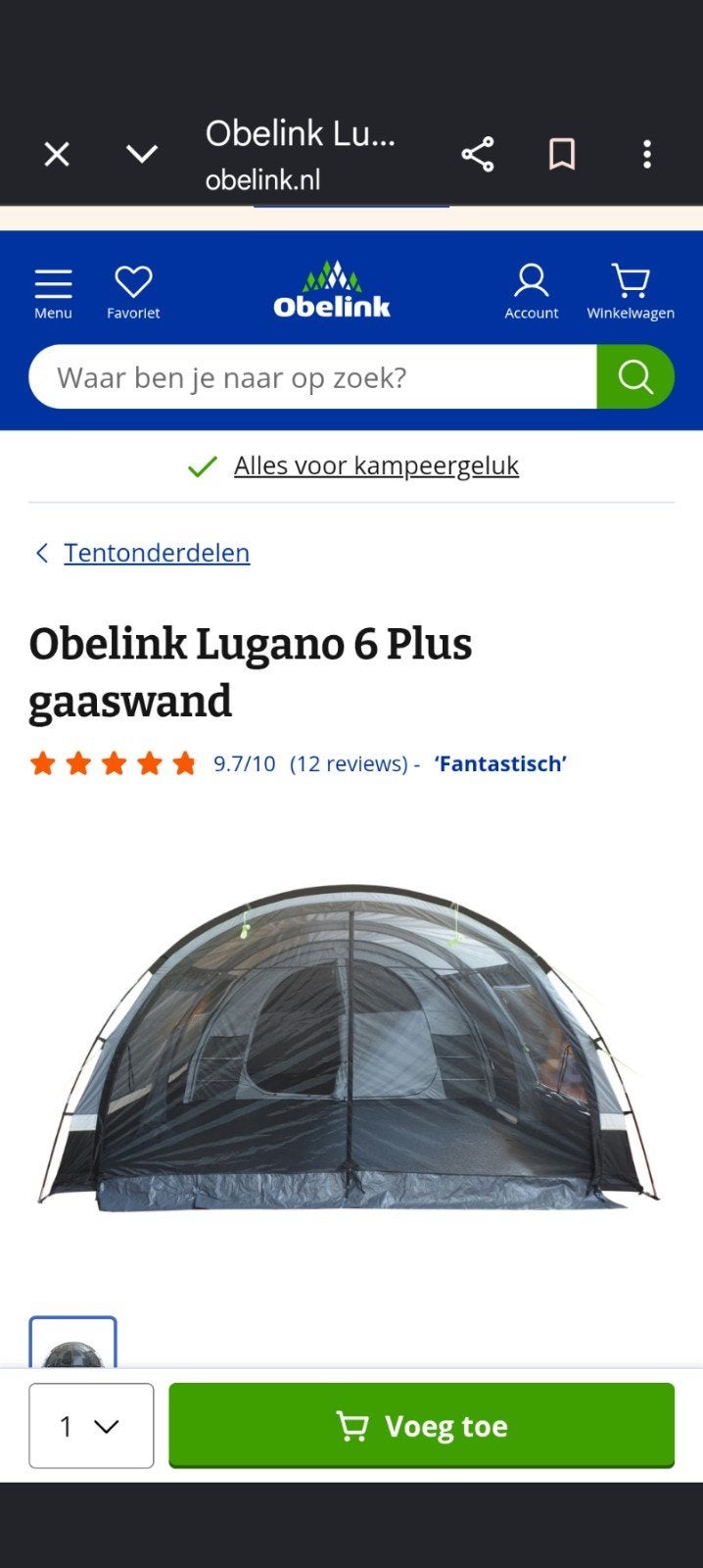 Obelink Lugano 6 Plus gaaswand (niet voor XL), Caravans en Kamperen, Ophalen of Verzenden, Zo goed als nieuw
