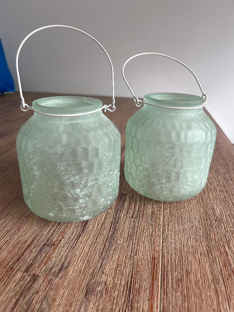 2 x Waxinelichthouder mintgroen met witte spikkels, Overige materialen, Ophalen of Verzenden, Zo goed als nieuw, Groen