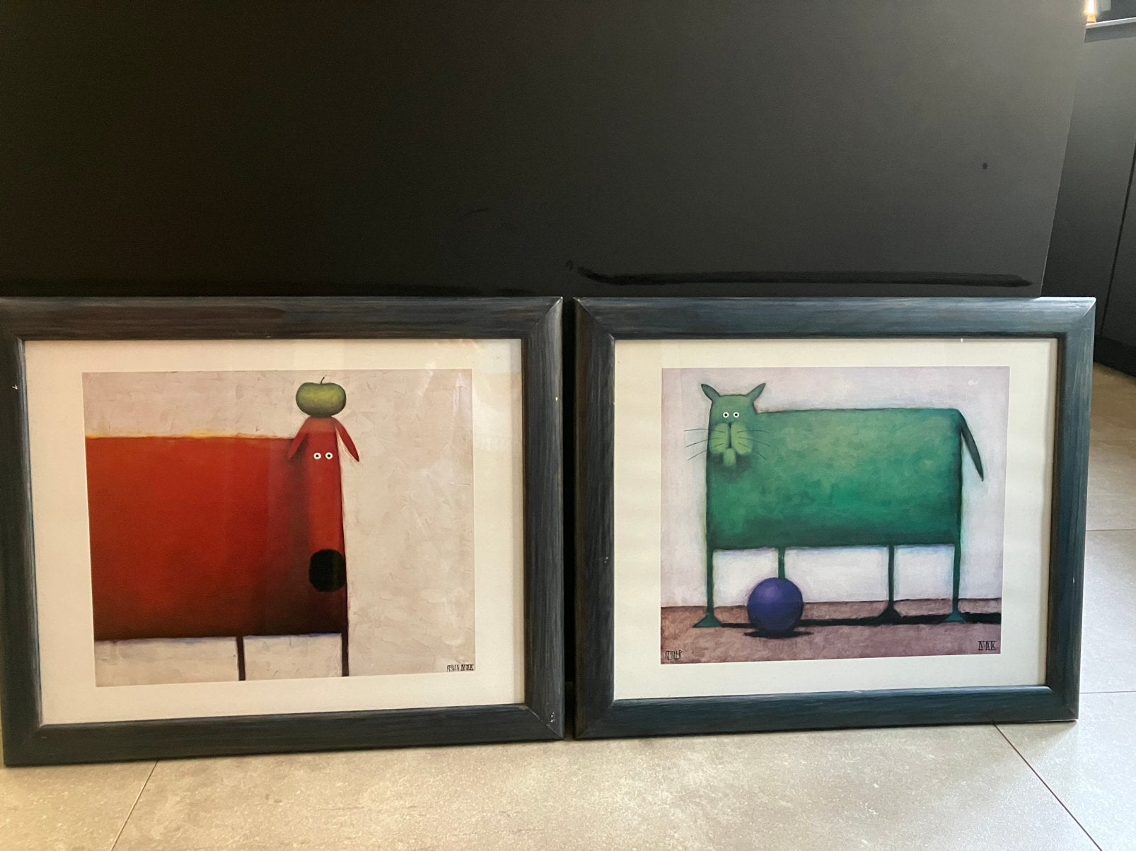Schilderij set kat & hond, Antiek en Kunst, Ophalen, Dieren, Print, Overige materialen