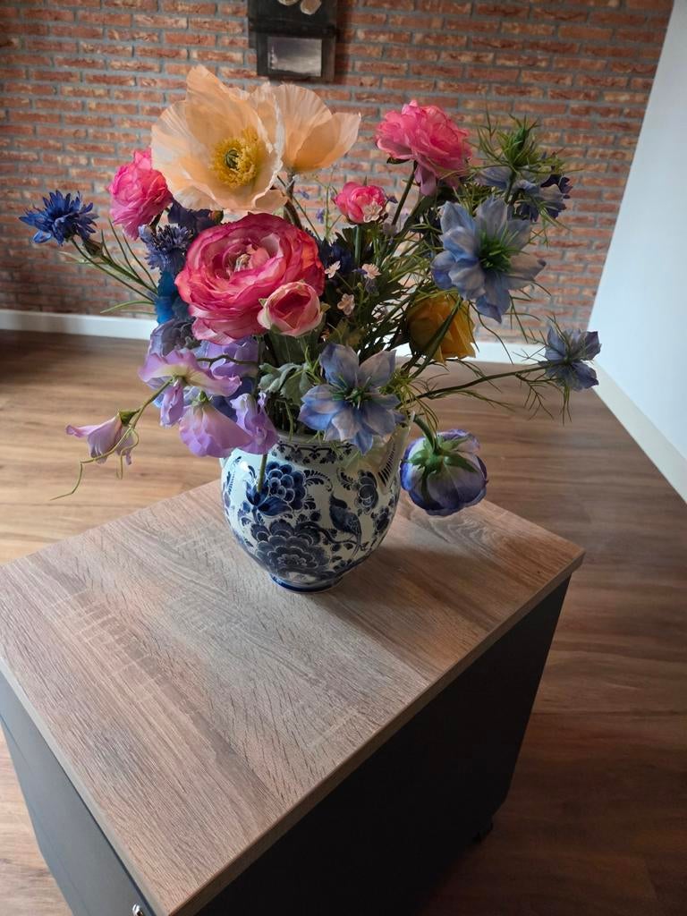 Prachtige Delftsblauwe vaas met bloemen, Ophalen of Verzenden