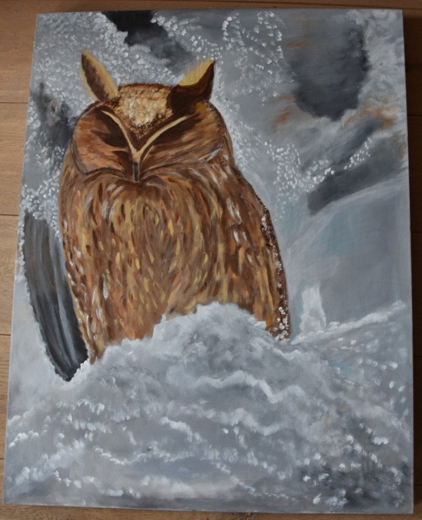 Uil in de sneeuw - Schilderij op doek, Ophalen, Acrylverf, Doek, Realistisch