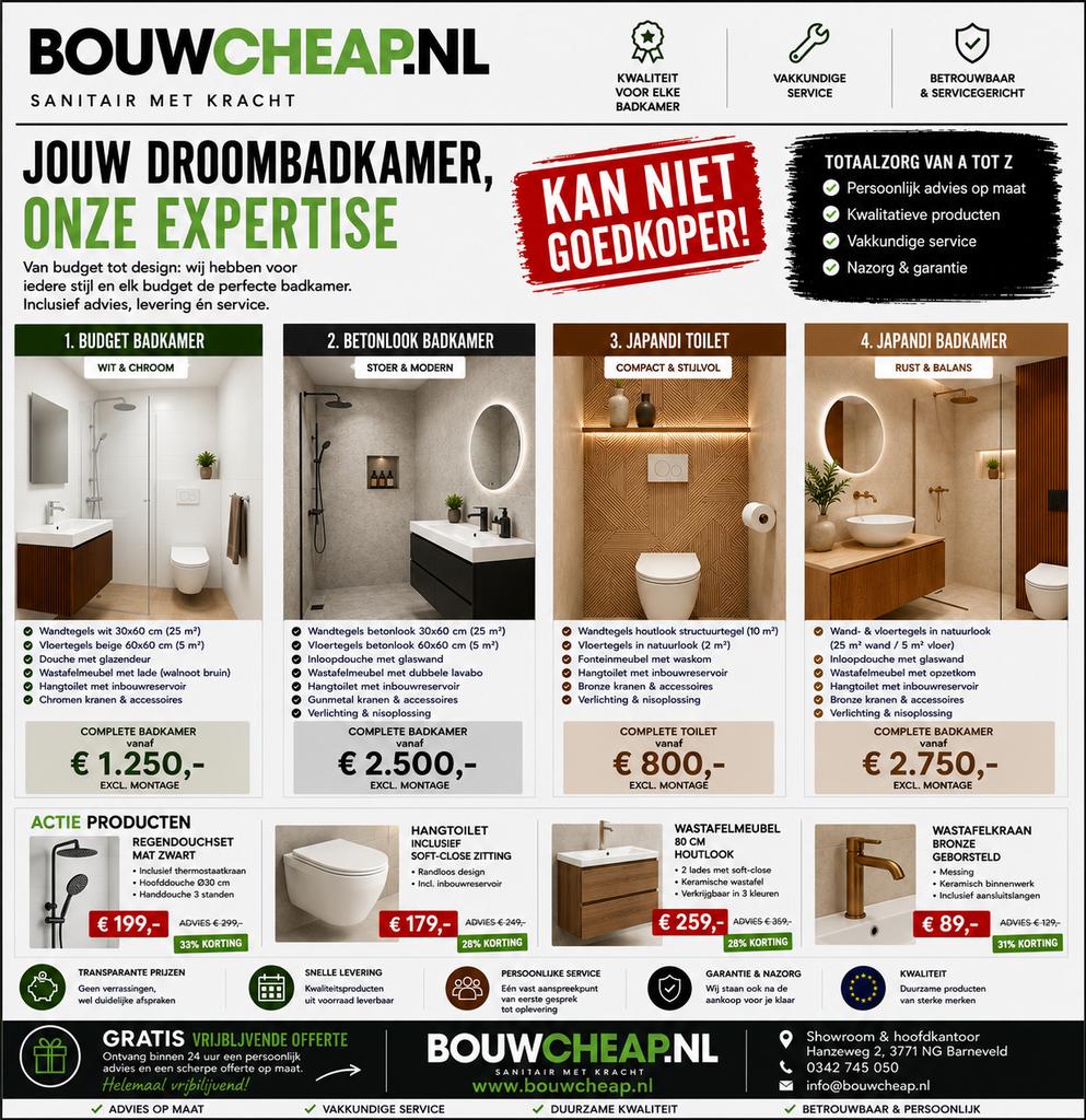 Complete Badkamer: Budget, Betonlook of Japandi Stijl, Ophalen, Nieuw