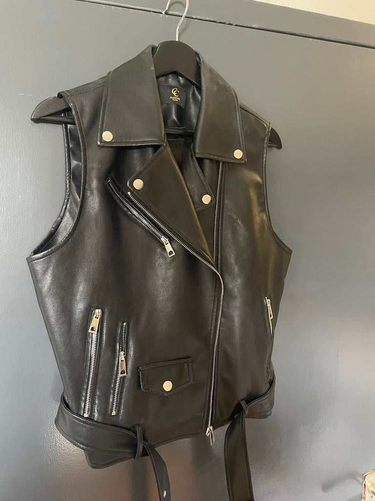 Zwart leren biker gilet van CC Fashion Paris, Zwart, Maat 42/44 (L), Ophalen of Verzenden, Zo goed als nieuw