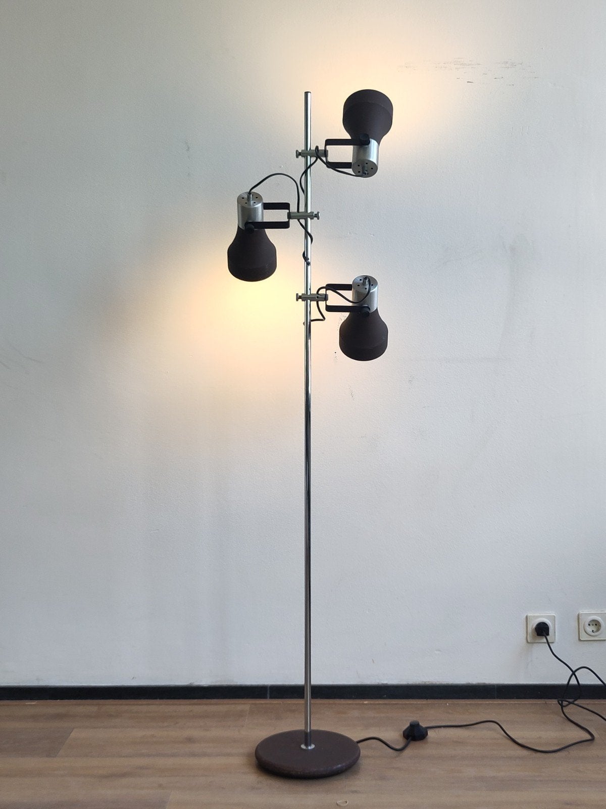 Vintage staande lamp met 3 spots metalen vloerlamp, Ophalen, Gebruikt, Mid century modern dutch design, .