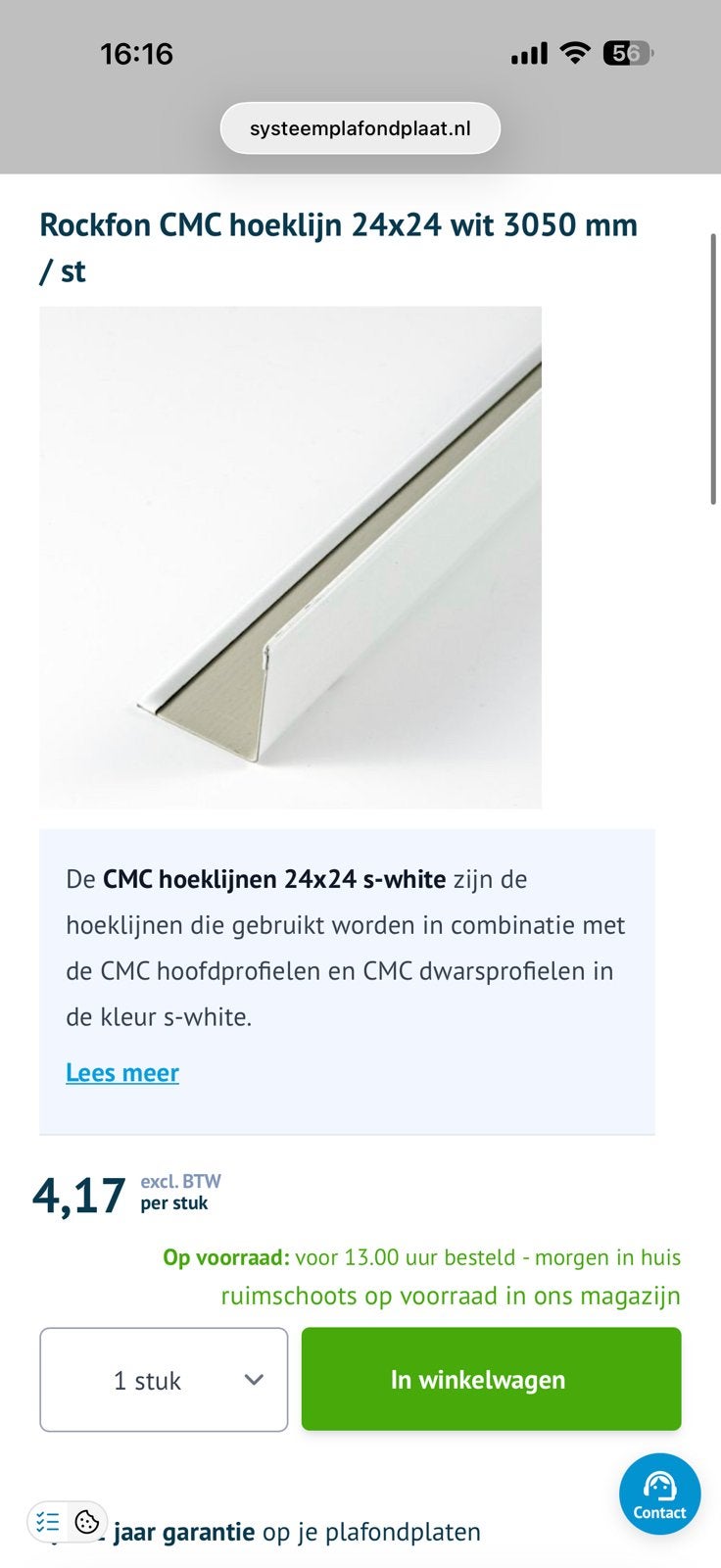 60 stuks Hoeklijn wit 24x24x3050 mm systeemplafond, Ophalen, Nieuw, IJzer