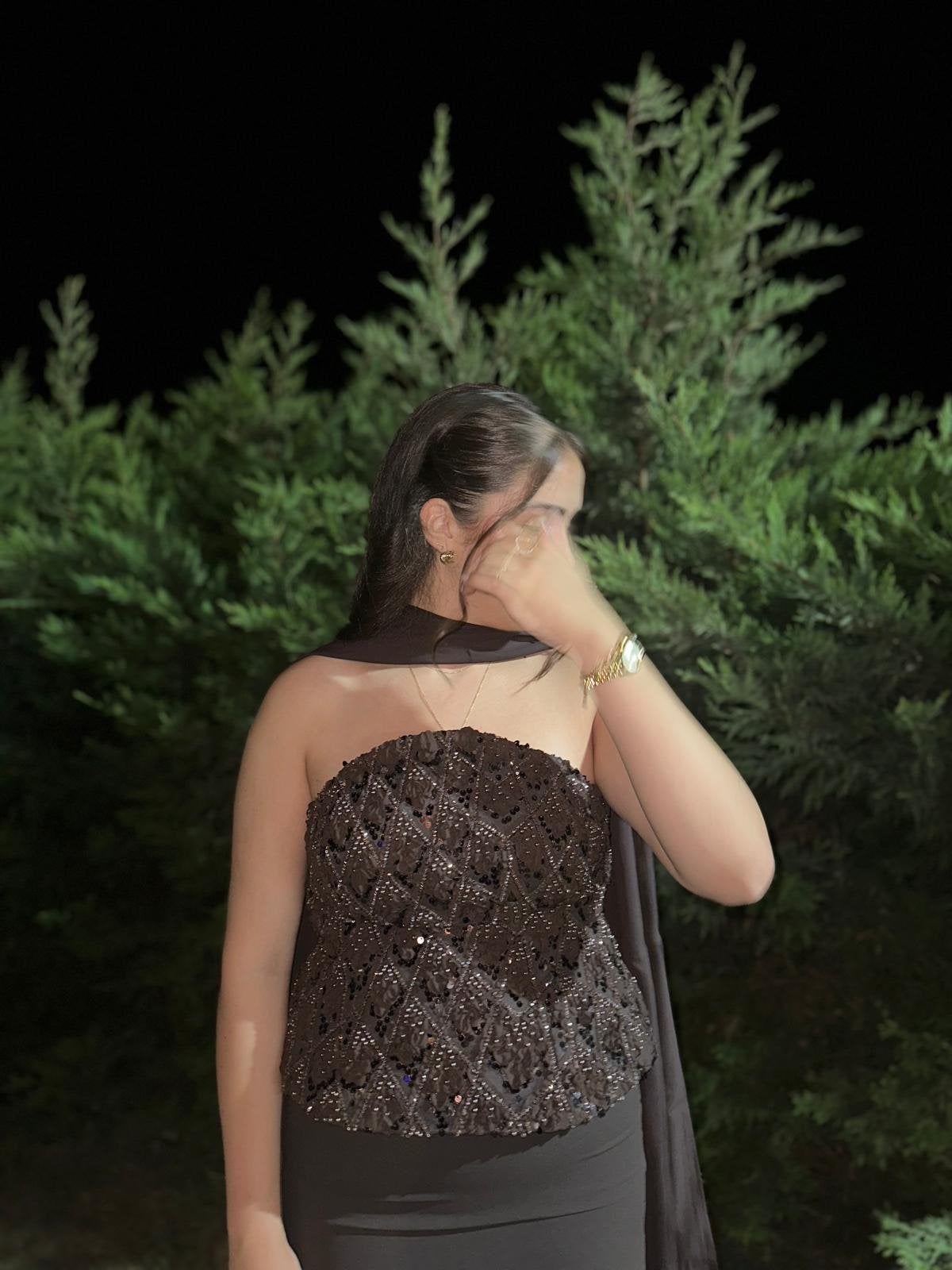 Elegante bruine avondjurk met sjaaltje en korset, Kleding | Dames, Jurken, Bruin, Maat 42/44 (L), Nieuw, Ophalen of Verzenden