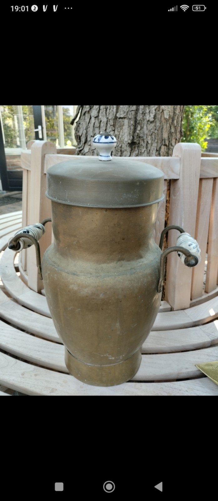 Koperen/ messing  pot met delfsblauwe handvatten, Ophalen of Verzenden