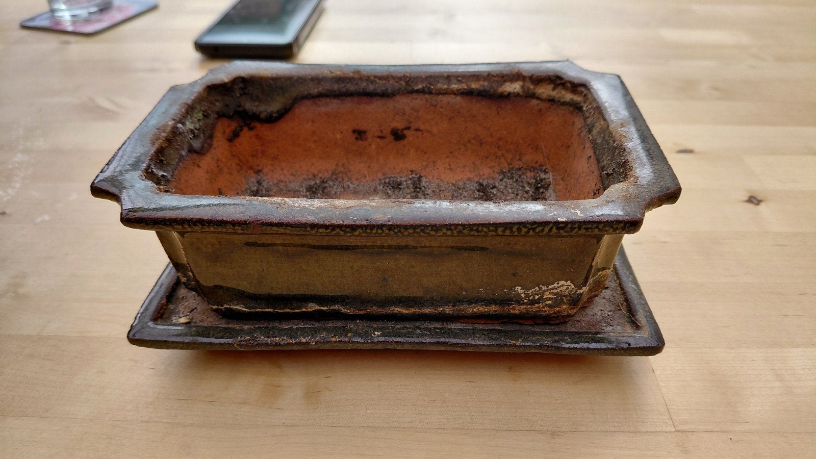 Oude Bonsai Pot met Schotel - Rechthoekig Aardewerk, Tuin en Terras, Bloempotten, Gebruikt, Aardewerk, Binnen, Balkon, Tuin, Minder dan 40 cm