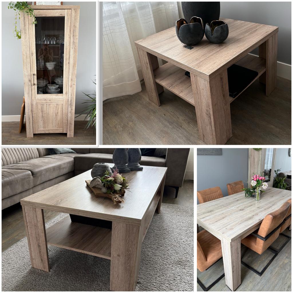 Complete set: Salontafel, eettafel, bijzettafel, kast, Ophalen, Met plank(en), Gebruikt, 50 tot 100 cm