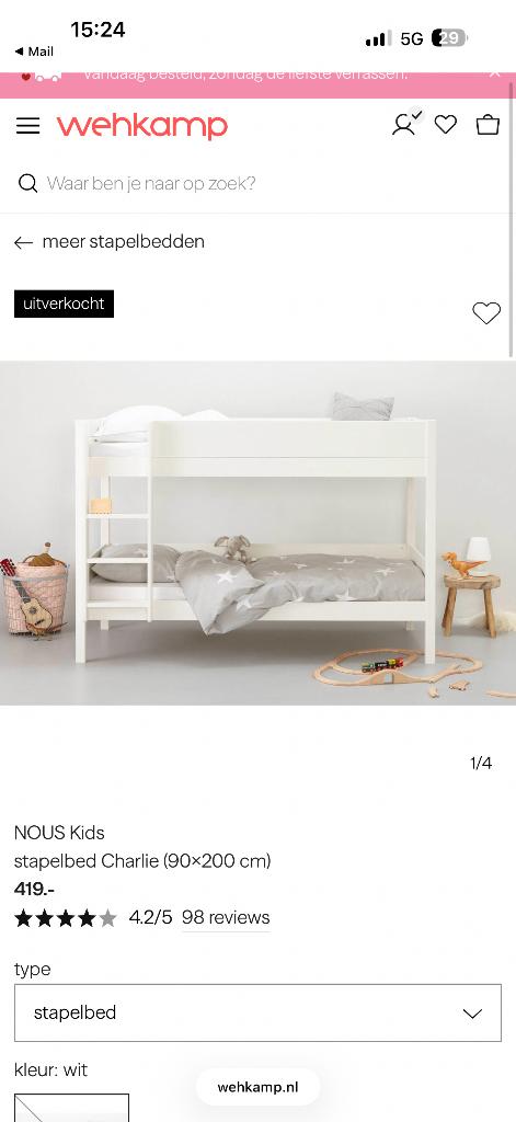 NOUS Kids stapelbed Charlie 90x200 cm te koop., Huis en Inrichting, Slaapkamer | Bedden, Ophalen, Gebruikt, 90 cm, Eenpersoons