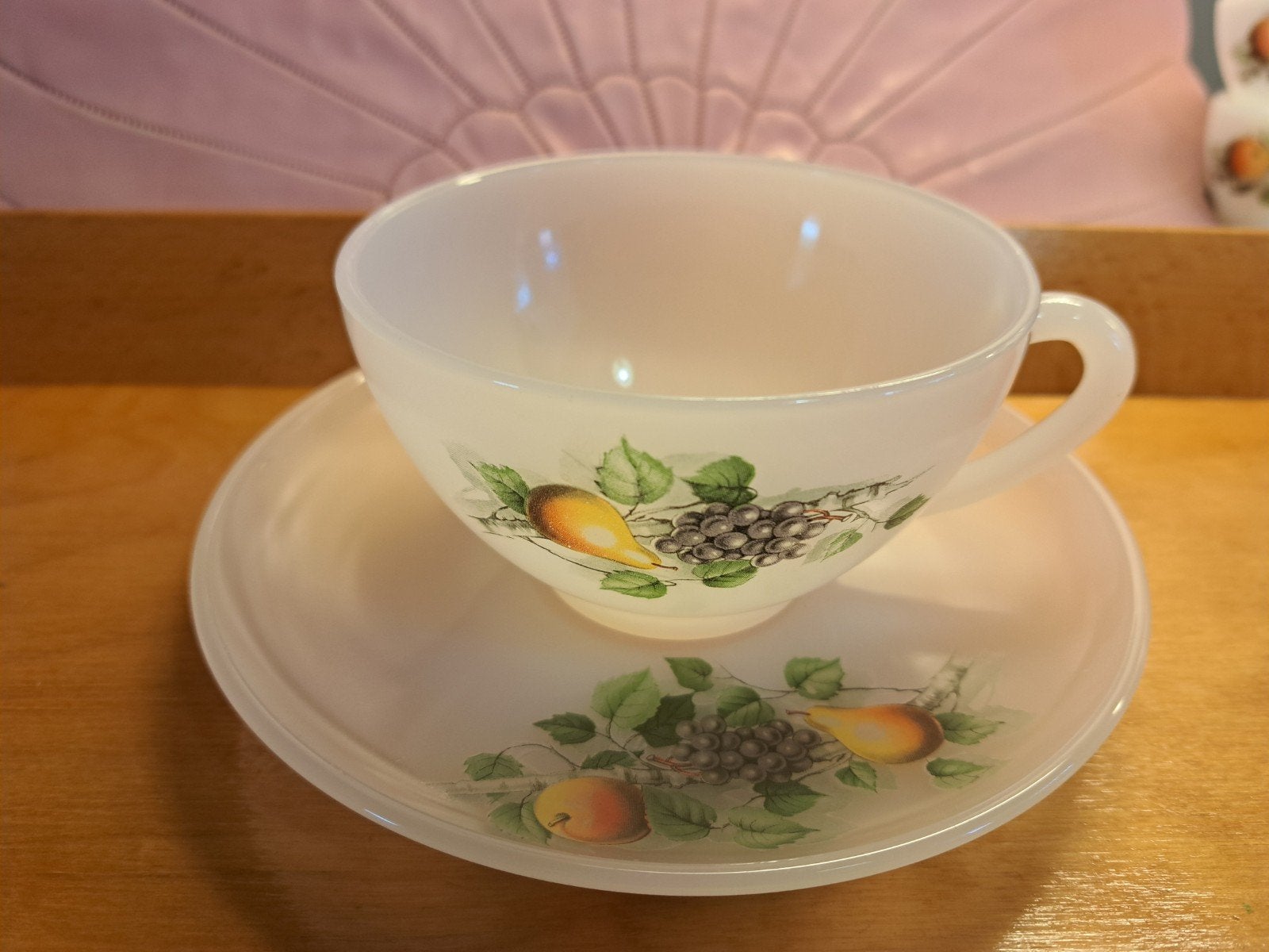 Vintage Acropal servies "Fruit de France" 12 delig., Ophalen, Overige stijlen, Kop(pen) en/of Schotel(s), Glas