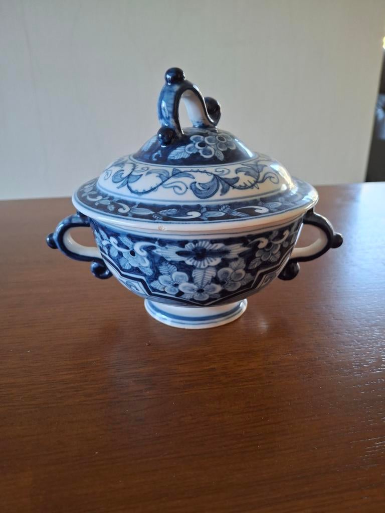 Antieke Delfts Blauwe Suikerpot met Bloemmotief, Ophalen of Verzenden
