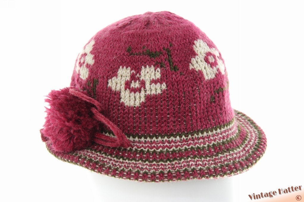 Vintage Gebreide winter dameshoed bordeaux paars 55,5 = S, Kleding | Dames, Ophalen of Verzenden, Zo goed als nieuw, 55 cm (S, 6⅞ inch) of minder