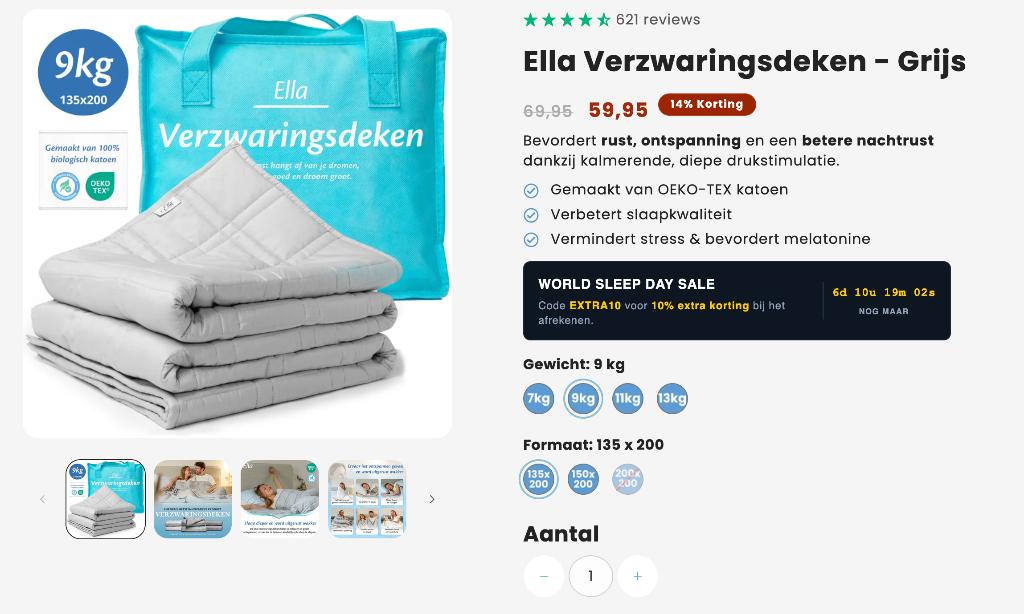 Ella Verzwaringsdeken 9 kg 135 x 200 cm, Ophalen, Eenpersoons, Grijs, Deken of Dekbed