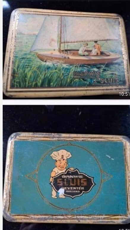Antiek (Zeldzaam antiek blikje)(9cm x 13 cm) Sluis biskwie, Antiek en Kunst, Antiek | Porselein, Ophalen of Verzenden
