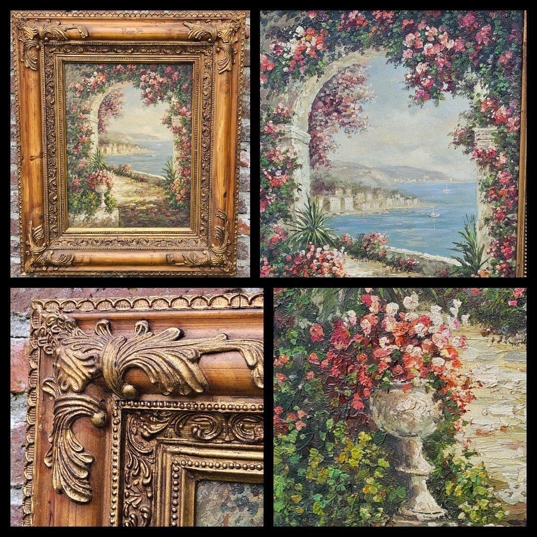 Olieverf op paneel,  mediterraan kustlandschap,  52 x 62 cm., Paneel, Ophalen of Verzenden, Landschap, Klassiek