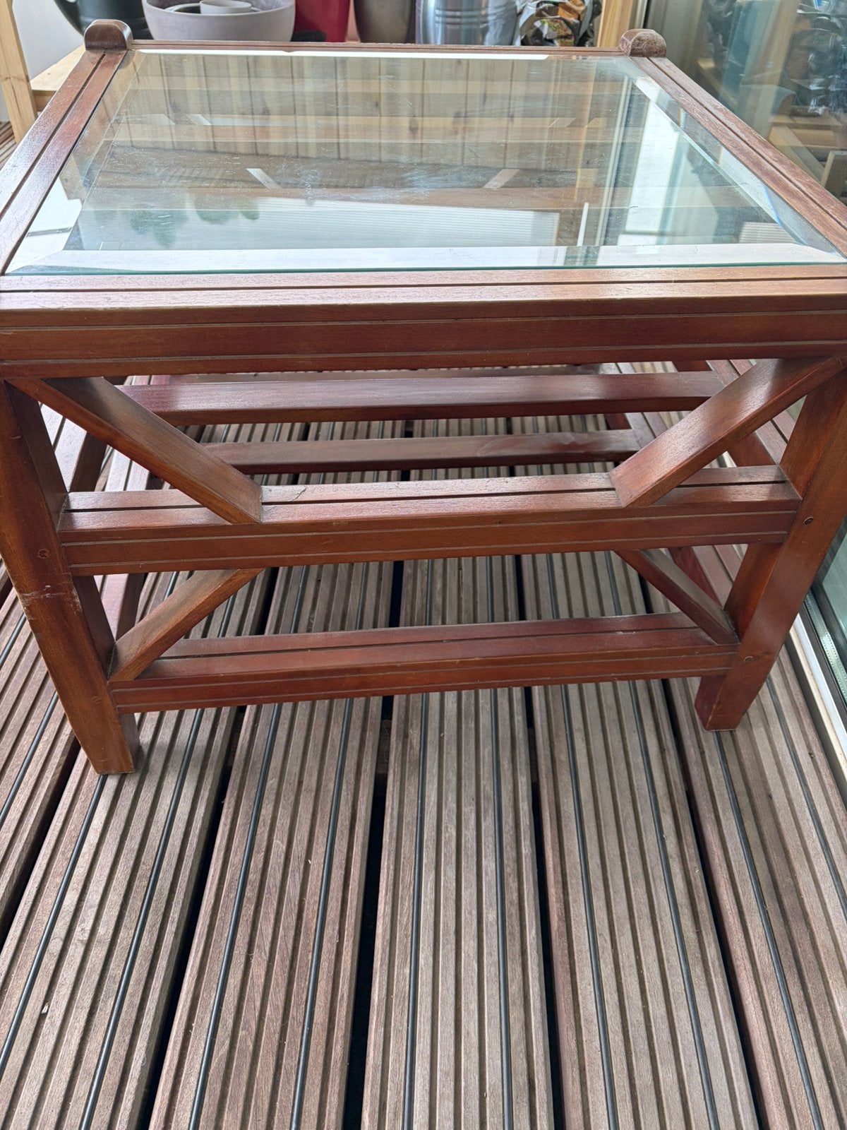 Koffietafeltje hout en glas, Ophalen, Gebruikt, 50 tot 100 cm, Vierkant