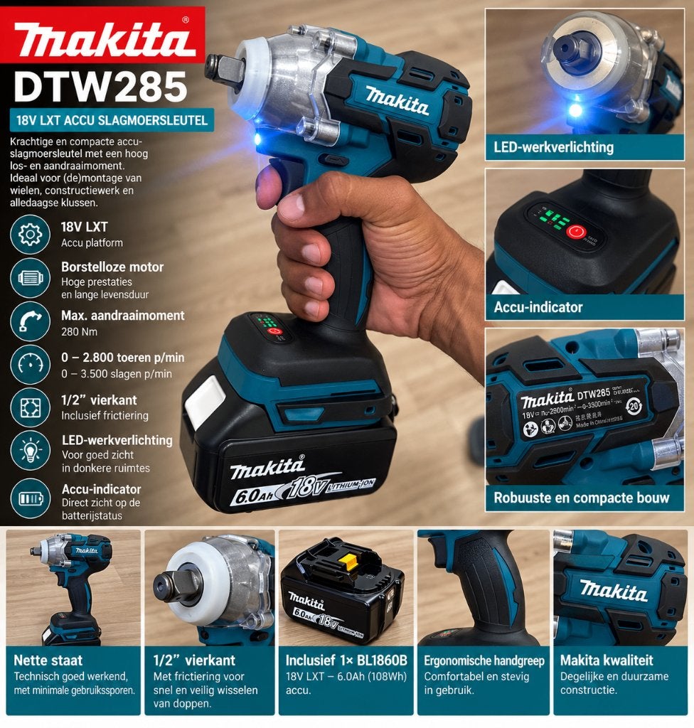 Makita DTW285 18V LXT – Accu Slagmoersleutel + 6.0Ah Accu, Auto diversen, Ophalen of Verzenden, Nieuw