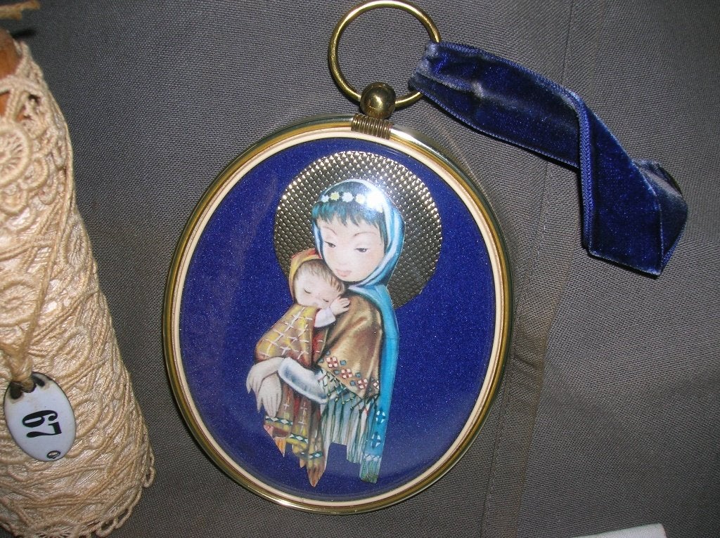 wandhanger met bol glas religieuze voorstelling 15 x 12 cm., Antiek en Kunst, Ophalen of Verzenden