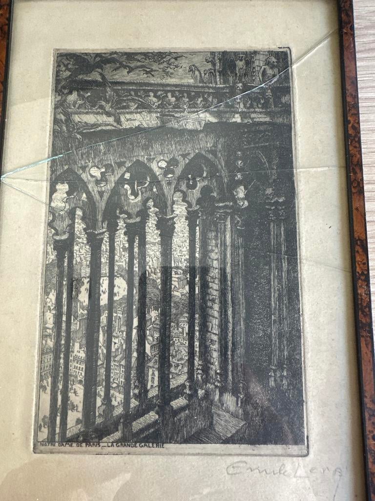Ets 'La Galerie Notre-Dame' door Emile Leroi (naar Meryon), Antiek en Kunst, Ets, Stadsgezicht, Ophalen of Verzenden, Gesigneerd