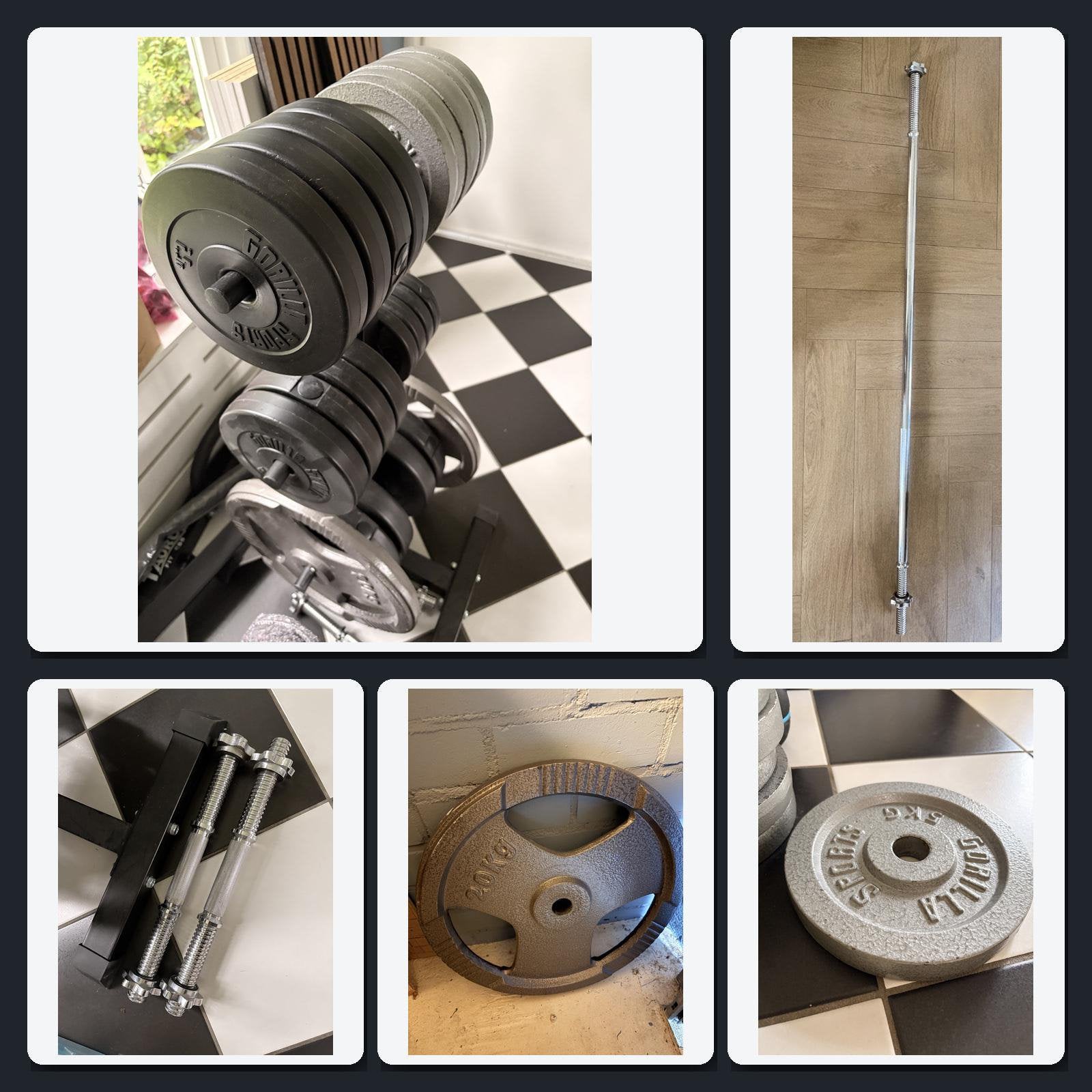 Diverse schijven op rek, barbell en dumbell stsngen, Sport en Fitness, Fitnessmaterialen, Ophalen, Zo goed als nieuw