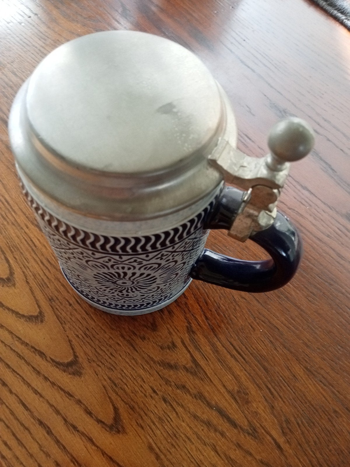 Vintage Bierpul met Tinnen Deksel - Blauw/Wit Keramiek, Ophalen